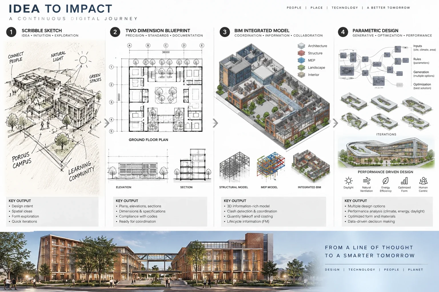 Idea to Impact: a continuous digital design journey from scribble sketch and two-dimensional blueprint to an integrated BIM model and parametric design